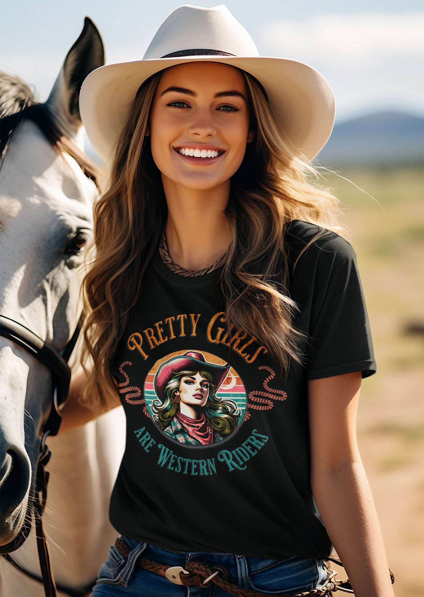 Pretty Girls Are Western Riders - Damen T-Shirt aus Bio-Baumwolle (Frontprint)